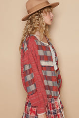 Round Neck Long Sleeve Plaid Shirt POL   