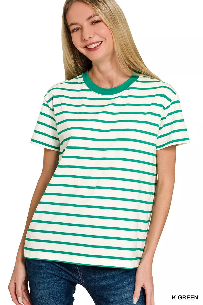 Striped Round Neck Short Sleeve T-Shirt ZENANA K GREEN S