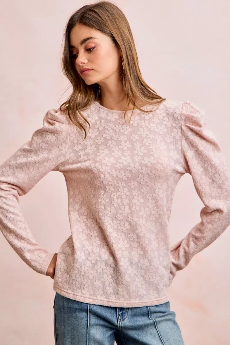 Textured Flower Knit Puff Shoulder Top BiBi