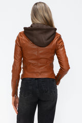 Faux Leather Zip Up Drawstring Hooded Jacket Snobbish