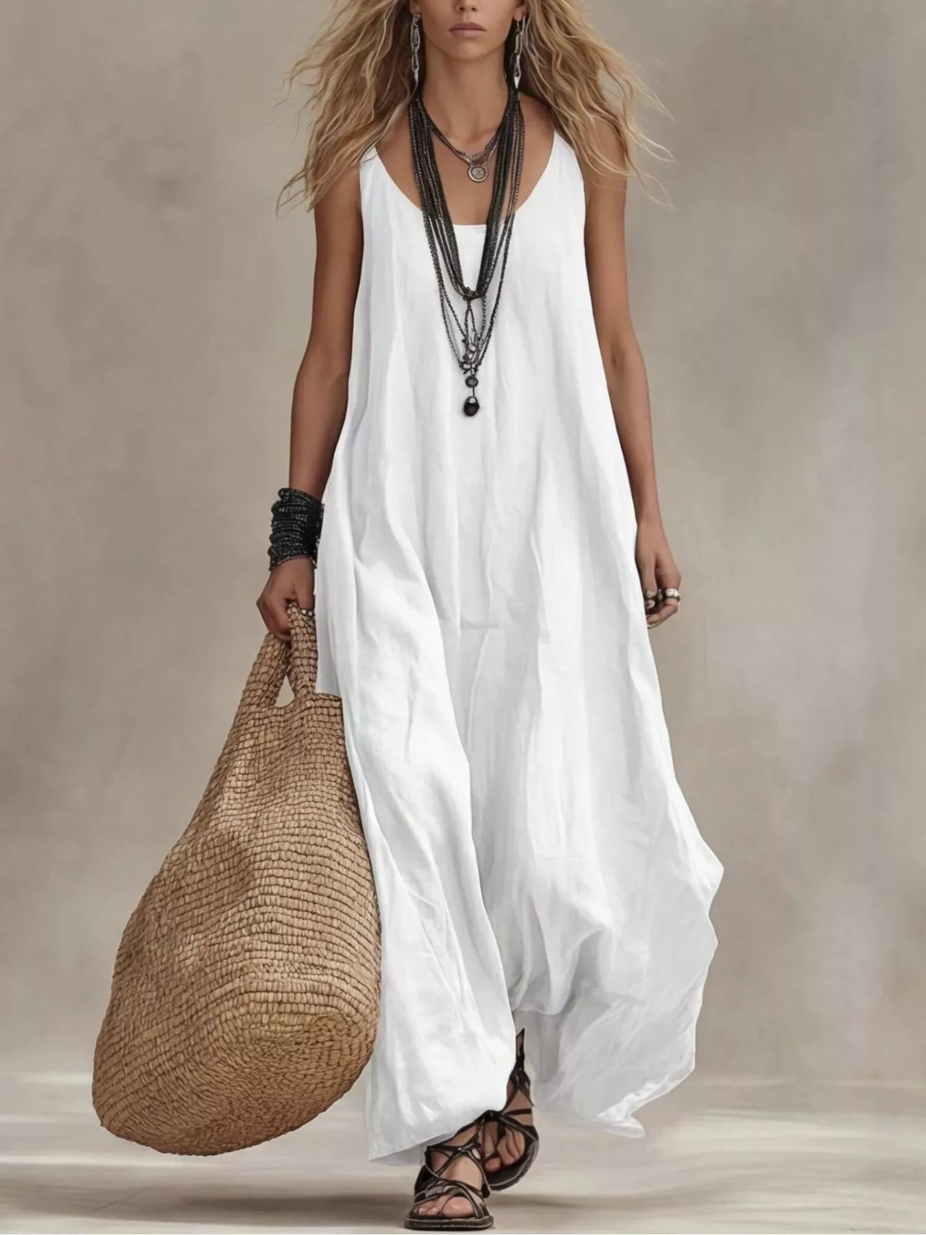 Scoop Neck Sleeveless Maxi Dress – Lightweight Casual Luxe Simmer & Fay White S