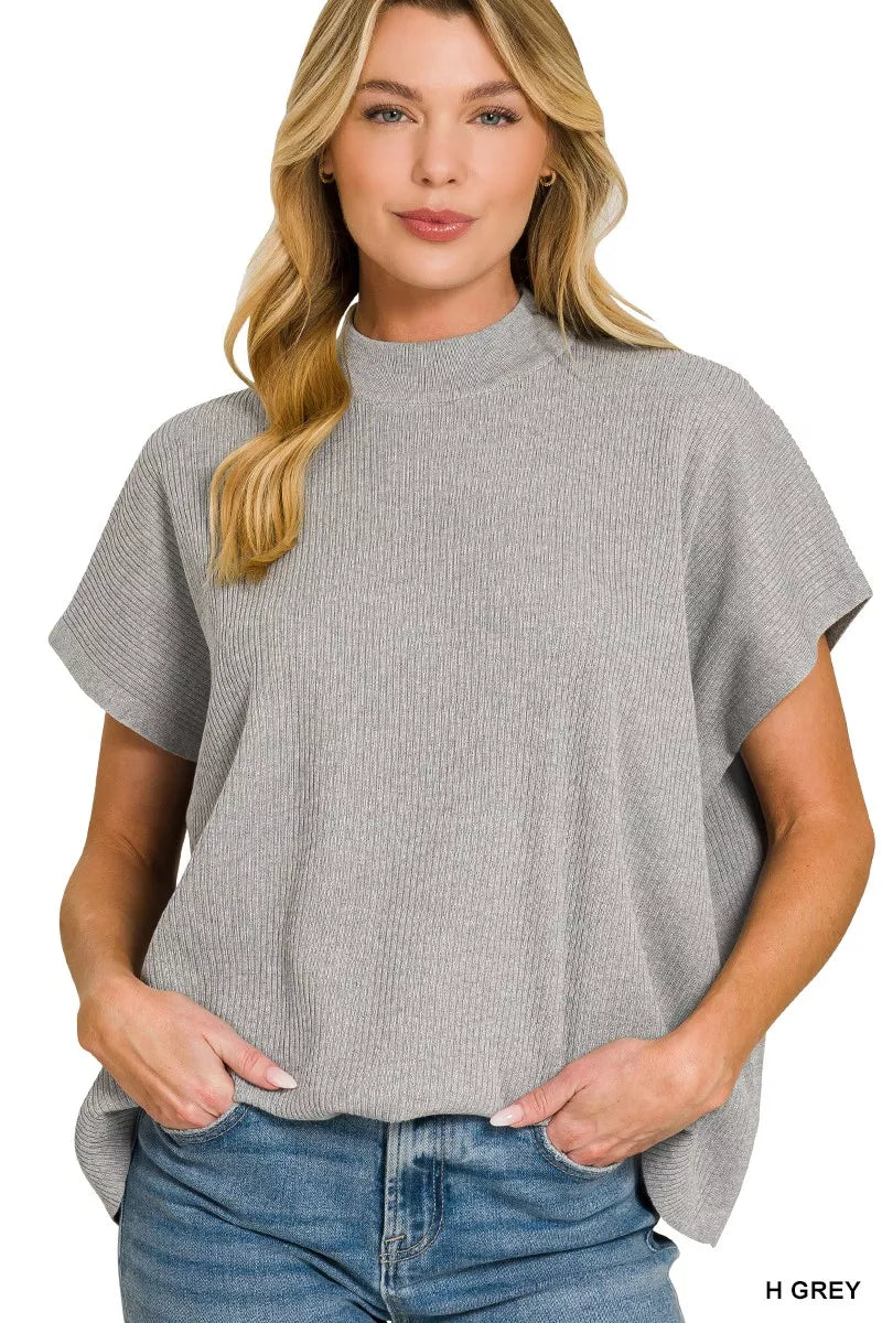 Viscose Mock Neck Short Sleeve Boxy Sweater ZENANA H GREY S