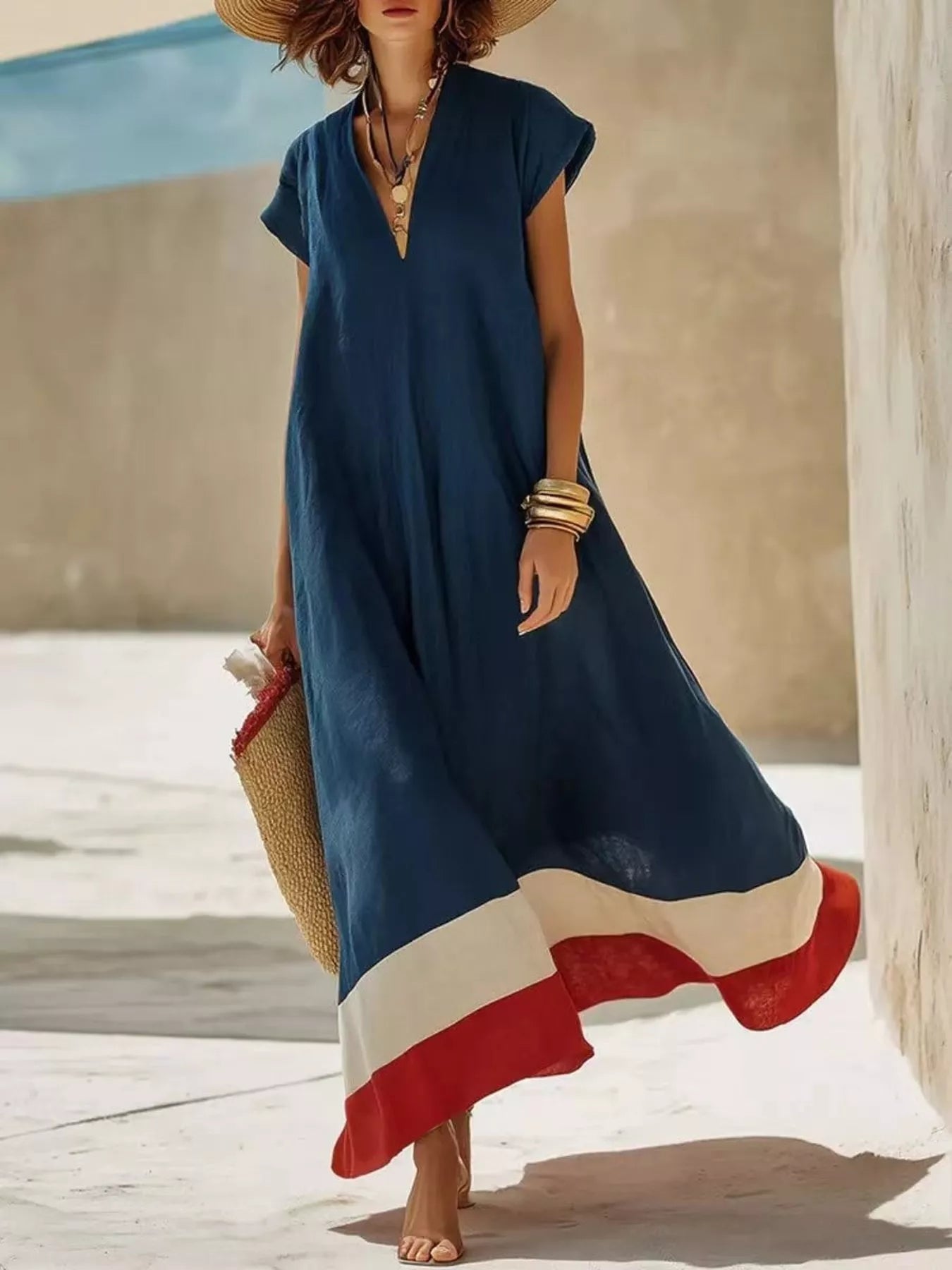 Simmer & Fay Color Block Hem V‑Neck Maxi Dress for women in navy blue with contrast color block hem