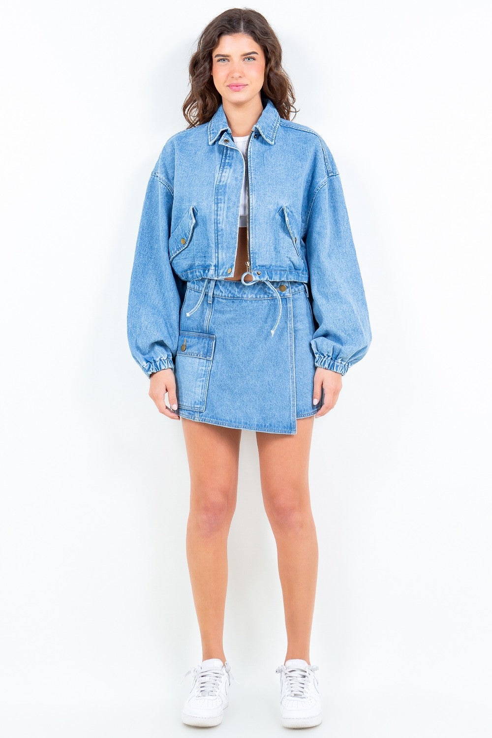 Drawstring Waist Crop Trucker Denim Jacket American Bazi   