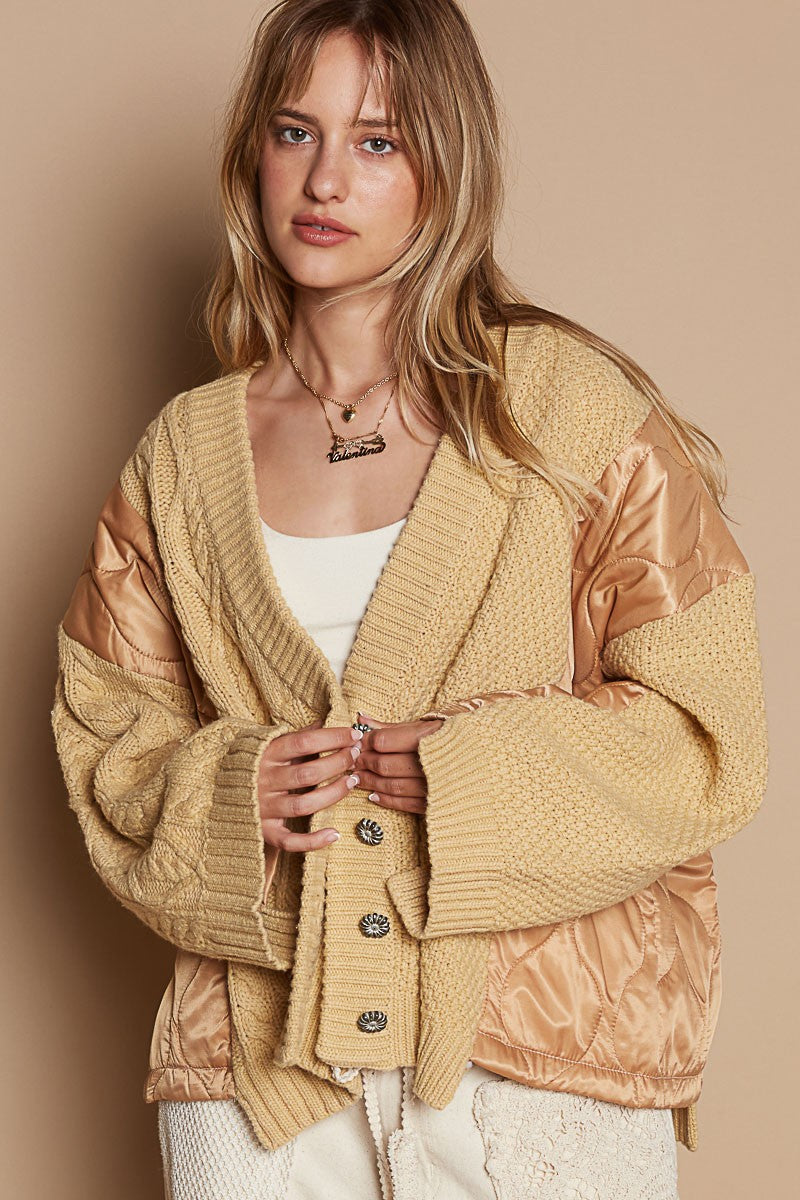 Quilting Patch Button Up Cable Knit Jacket POL   