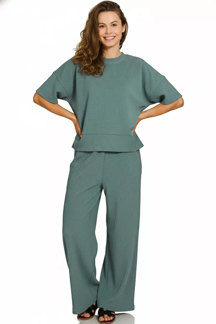 Ribbed Round Neck Tee & Pants Set ZENANA