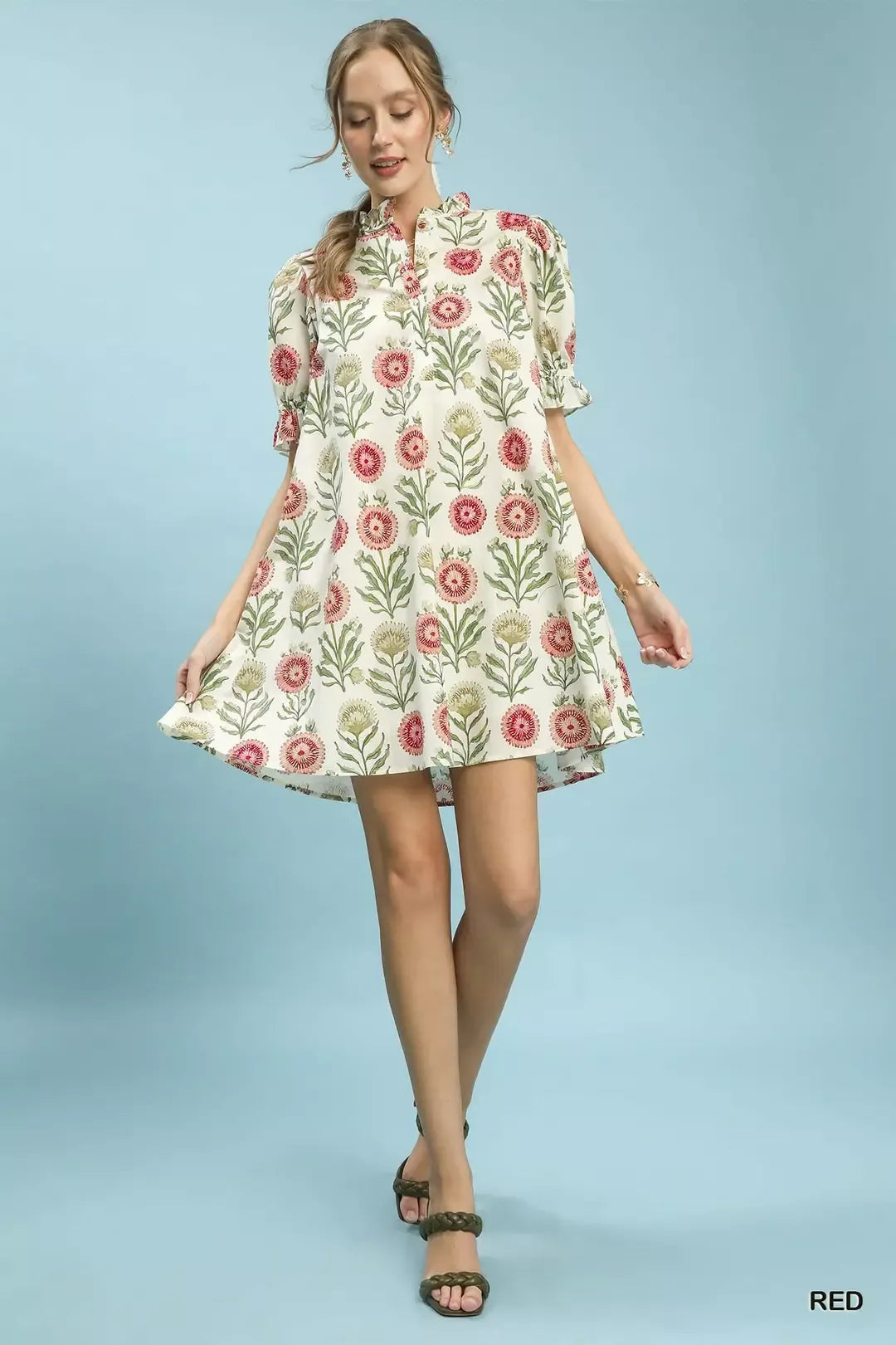 Floral Puff Sleeve Babydoll Dress with Side Pockets Umgee