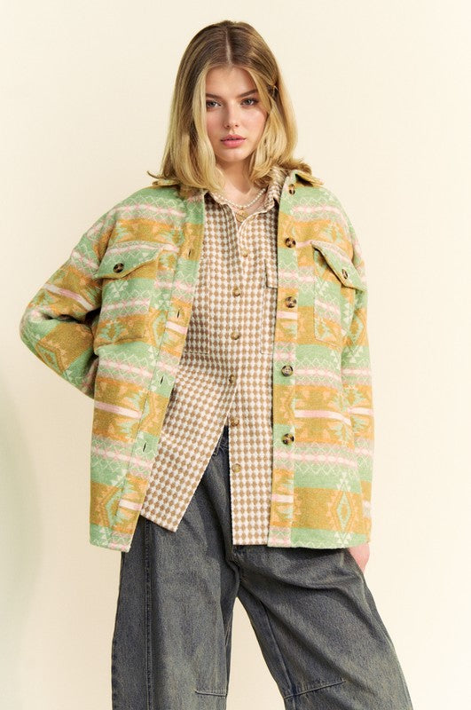 High-Low Geometric Long Sleeve Shacket with Pockets Davi & Dani Gum Leaf S