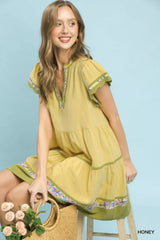 Linen Tiered Flutter Sleeve Dress with Floral Trim Umgee