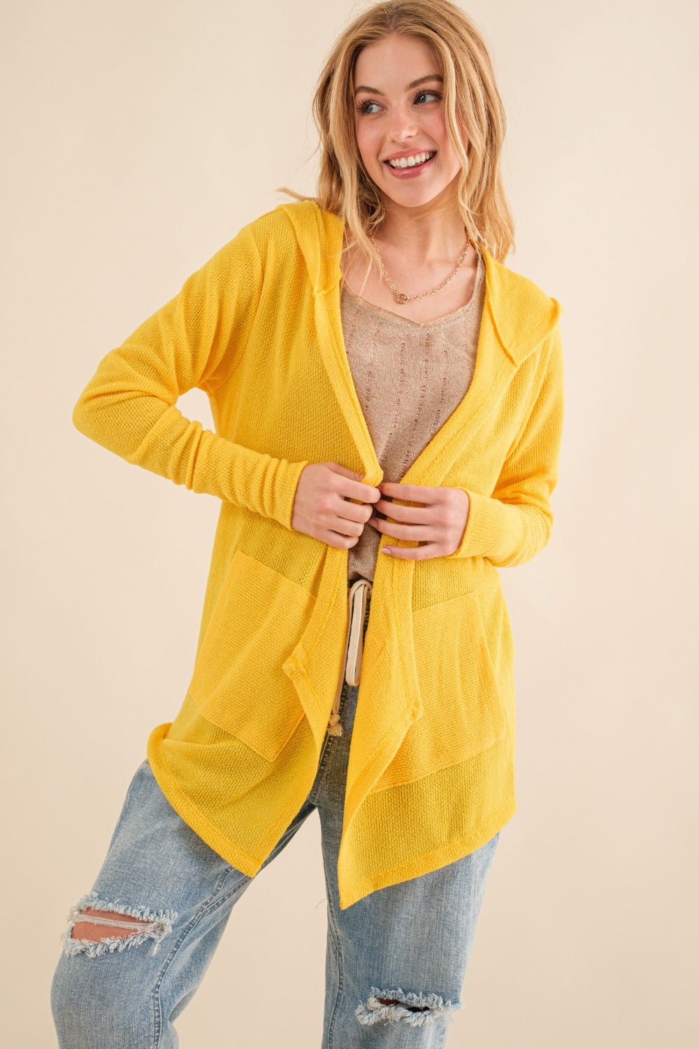 Thermal Hooded Open Front Cardigan with Pockets And the Why Vivid Yellow S 