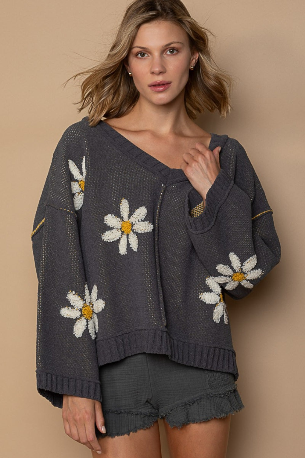 V-Neck Floral Pattern Chenille Sweater POL Charcoal S 