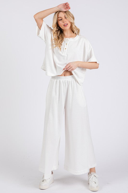 Half Button Half Sleeve Top and Wide Leg Pants Set Ces Femme