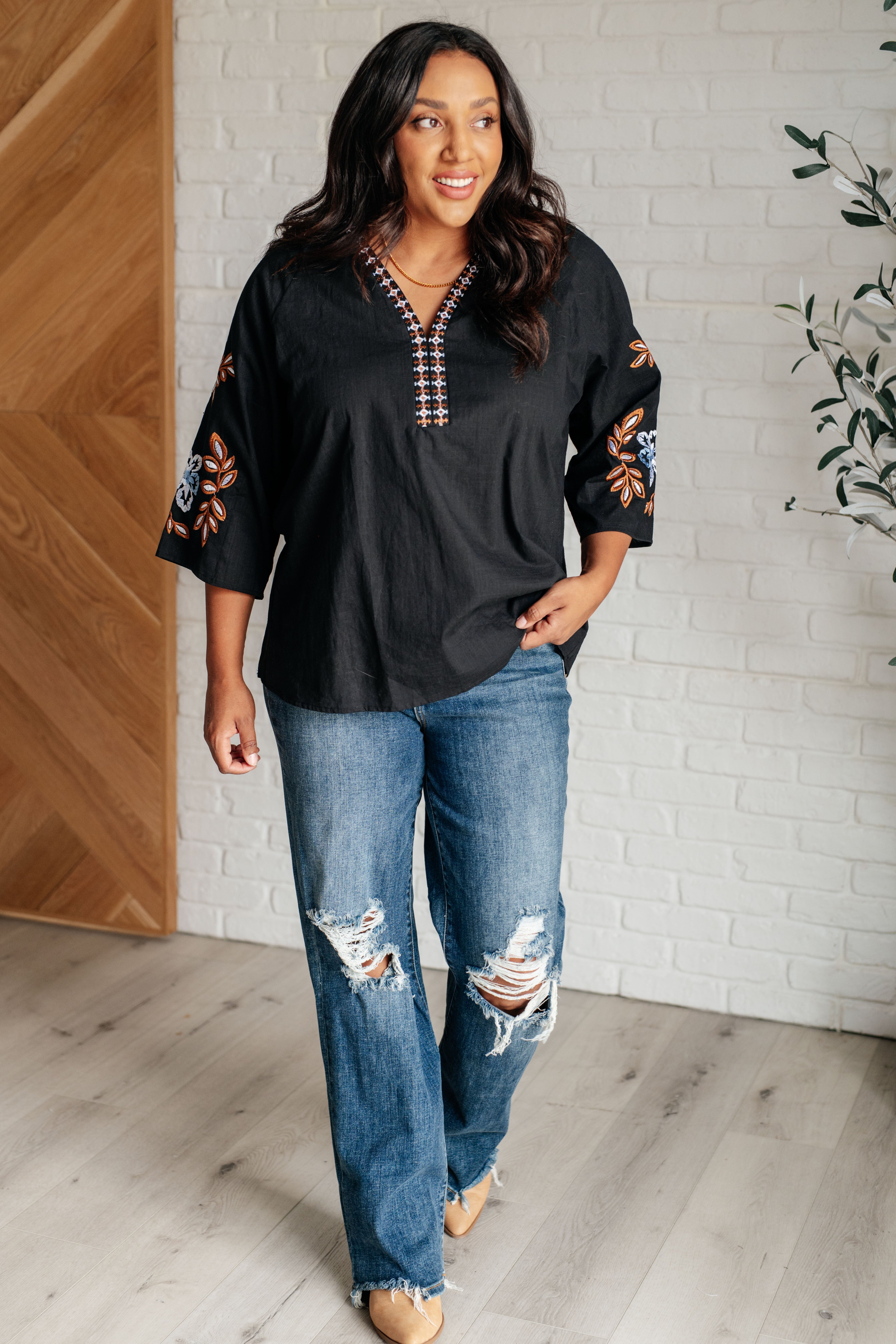 All In Me Embroidered V-Neck Blouse One Eleven North   