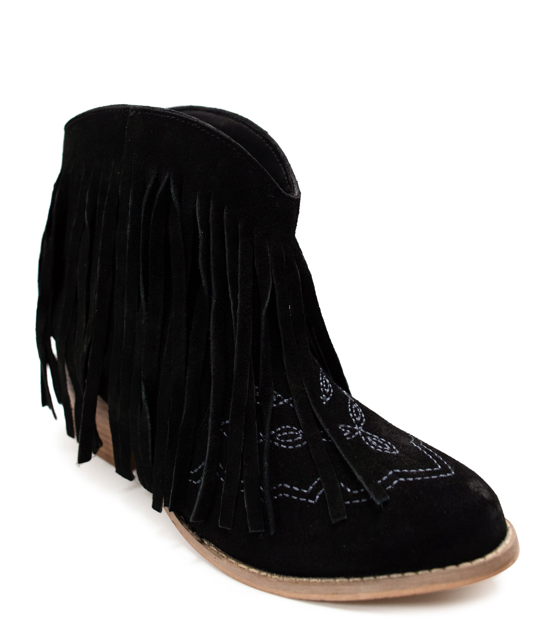 Amos Fringe & Stitch Black Suede Ankle Booties Naughty Monkey   