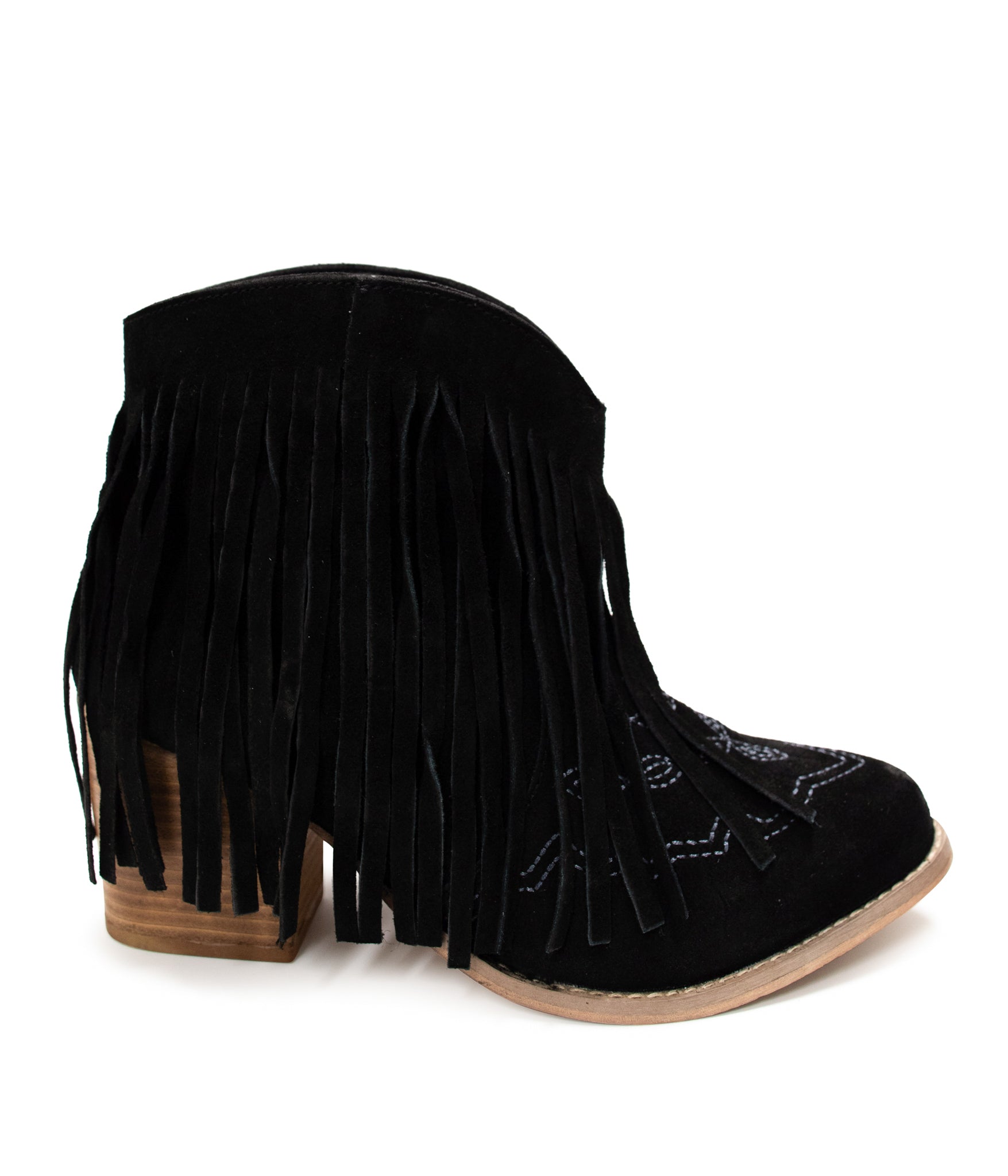 Amos Fringe & Stitch Black Suede Ankle Booties Naughty Monkey   