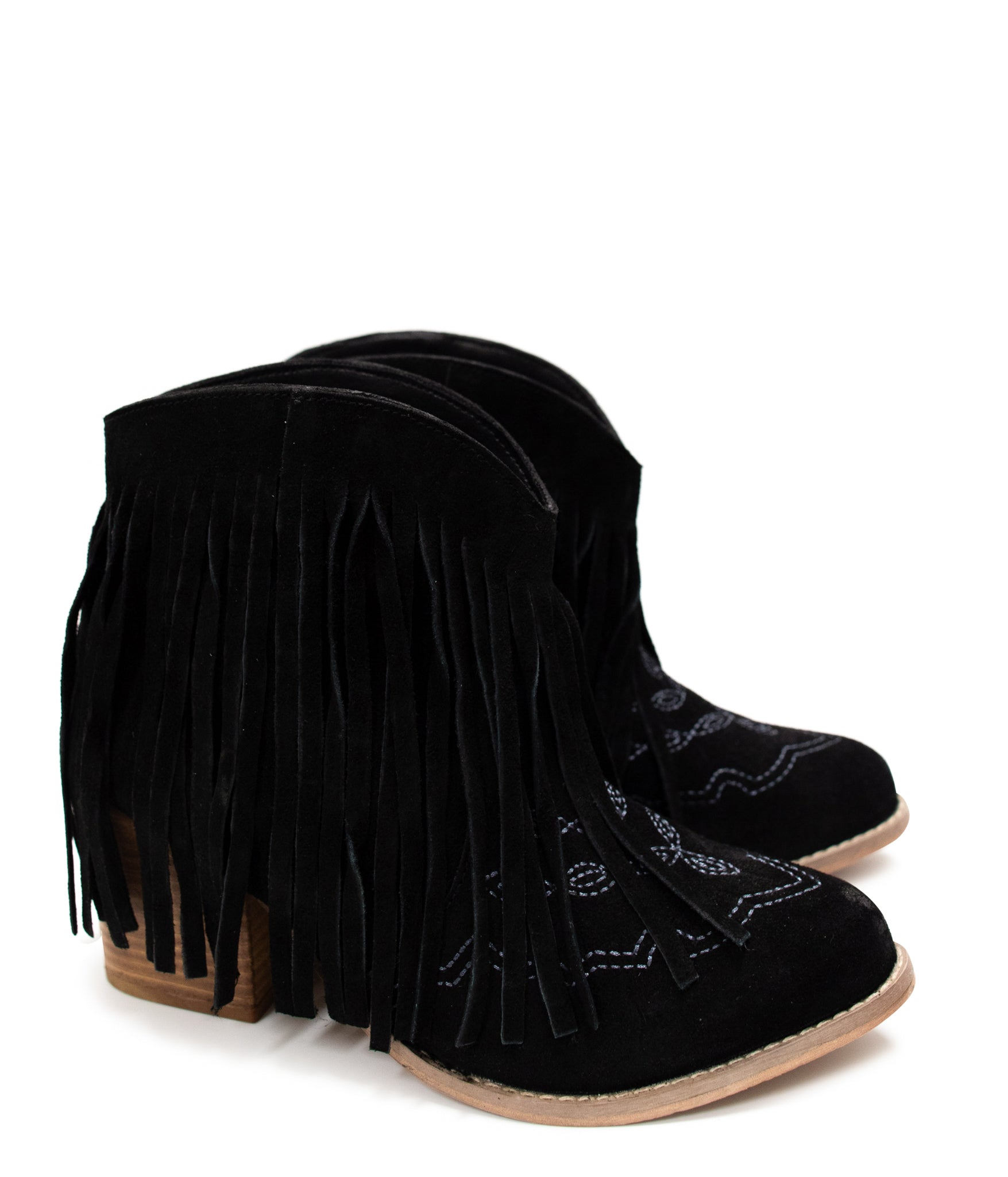 Amos Fringe & Stitch Black Suede Ankle Booties Naughty Monkey   