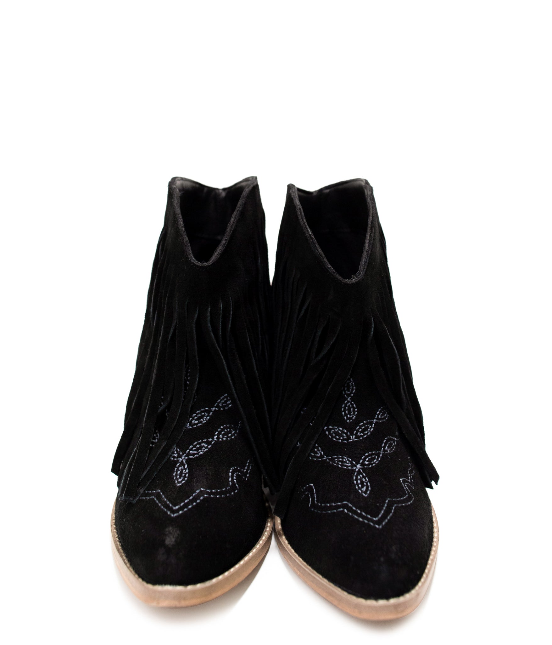 Amos Fringe & Stitch Black Suede Ankle Booties Naughty Monkey   