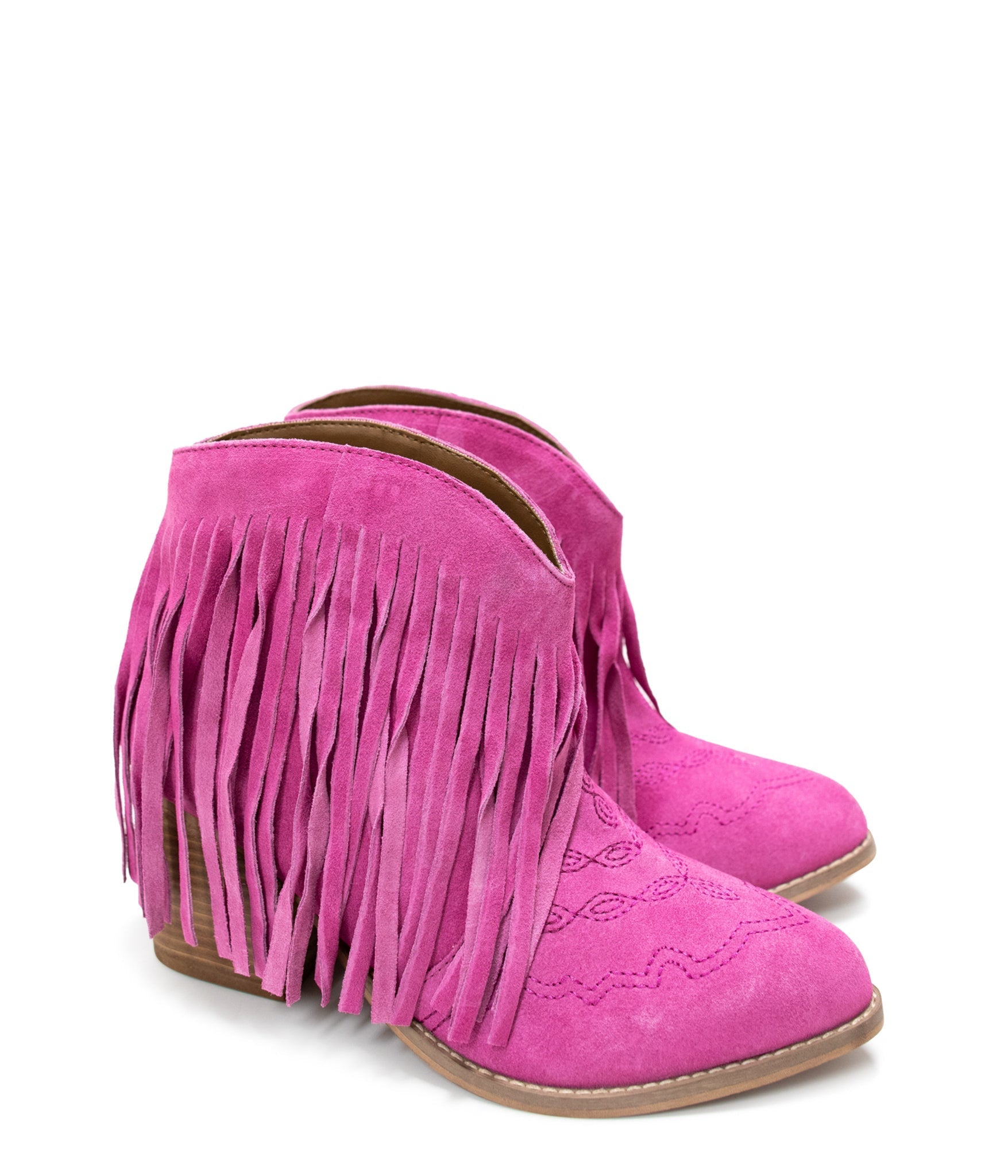 Amos Fringe Ankle Bootie in Magenta Suede Naughty Monkey   