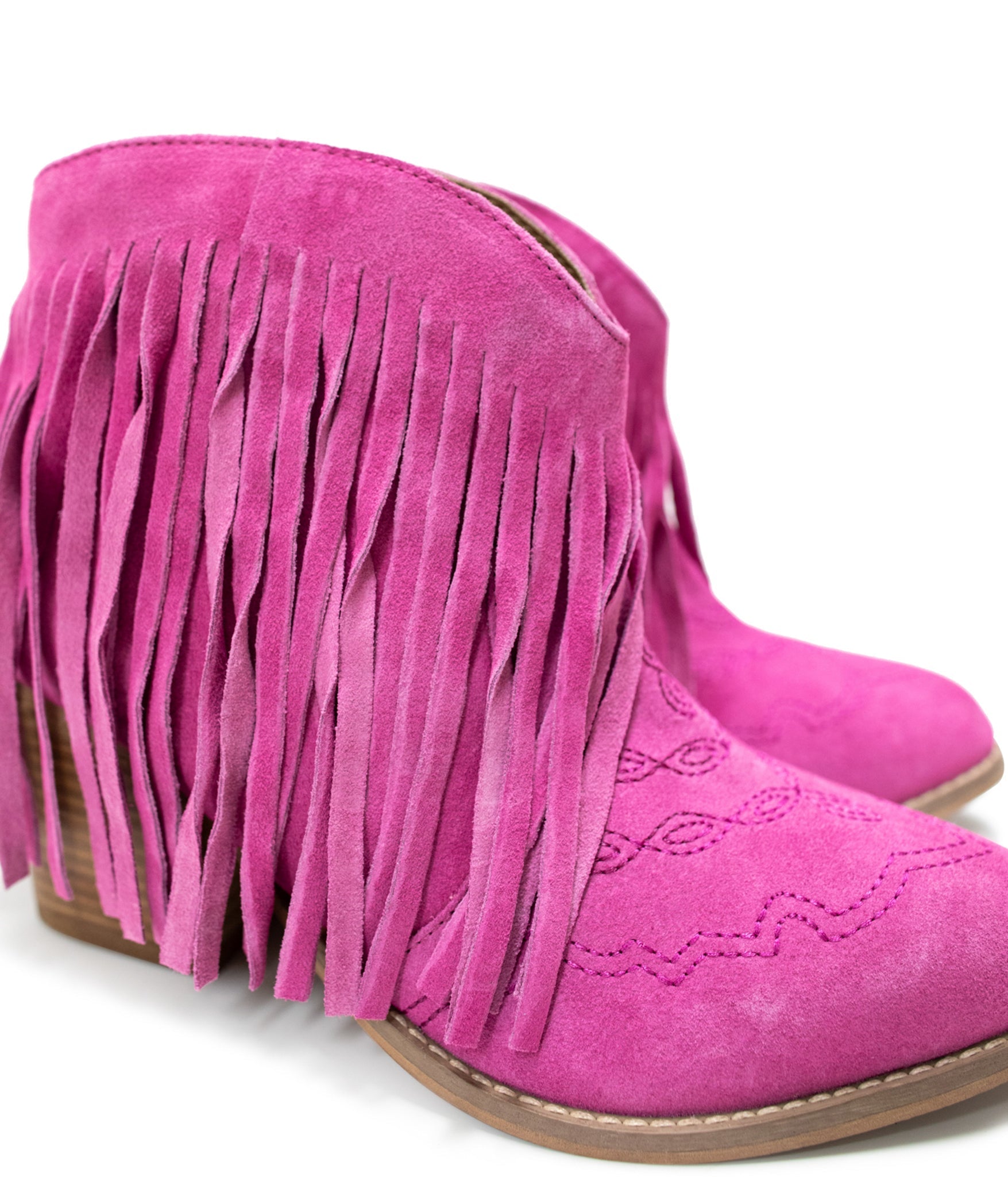 Amos Fringe Ankle Bootie in Magenta Suede Naughty Monkey   