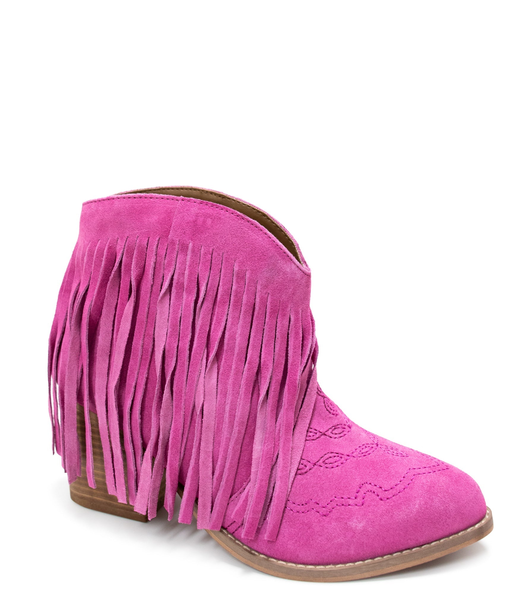 Amos Fringe Ankle Bootie in Magenta Suede Naughty Monkey   