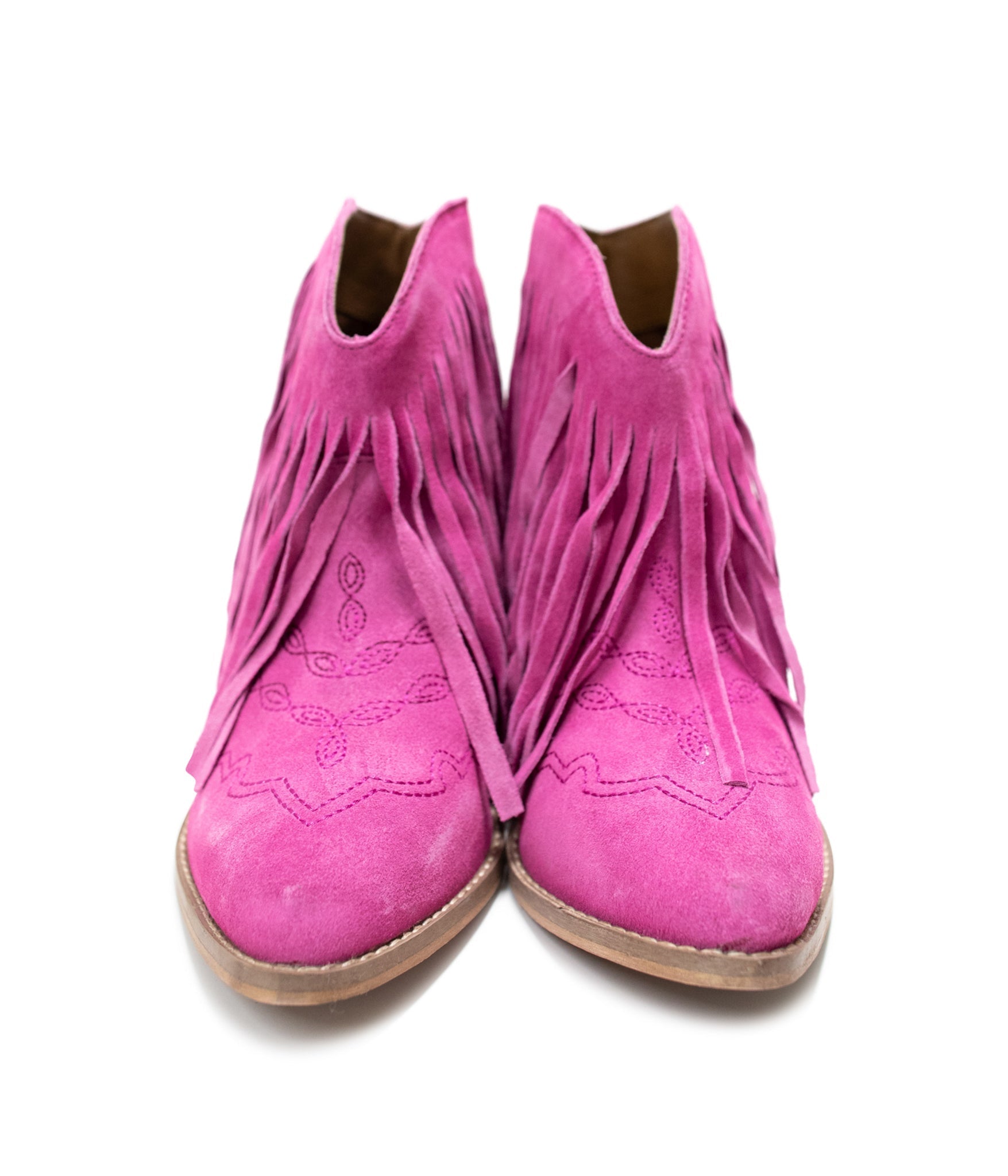 Amos Fringe Ankle Bootie in Magenta Suede Naughty Monkey   