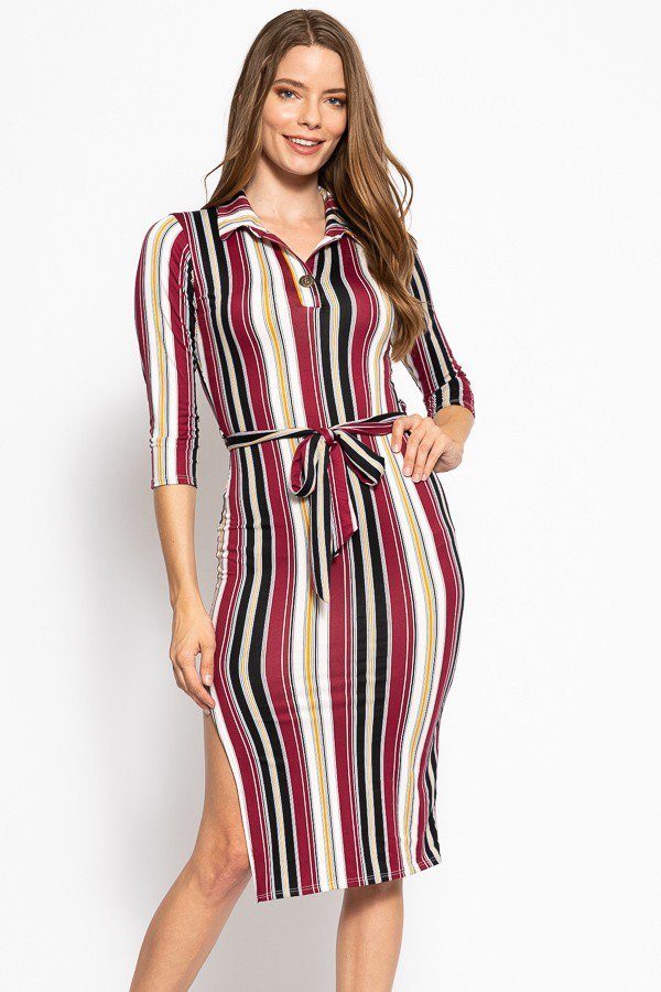 Chic Multicolor Striped Midi Dress with Waist Tie SALE   