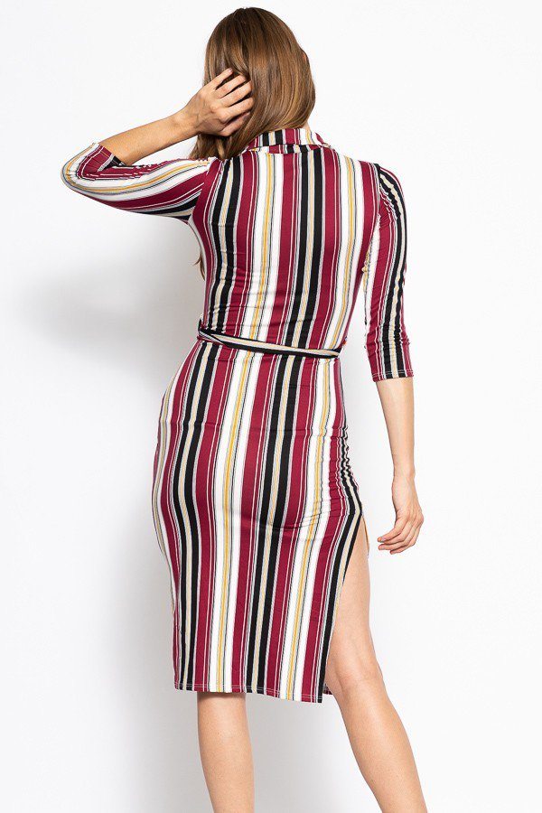 Chic Multicolor Striped Midi Dress with Waist Tie SALE   