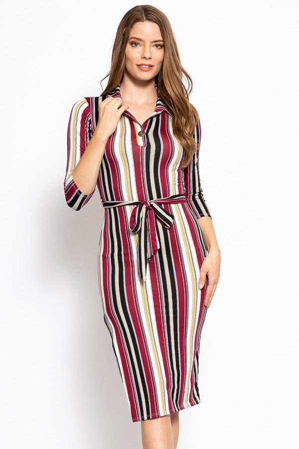 Chic Multicolor Striped Midi Dress with Waist Tie SALE   