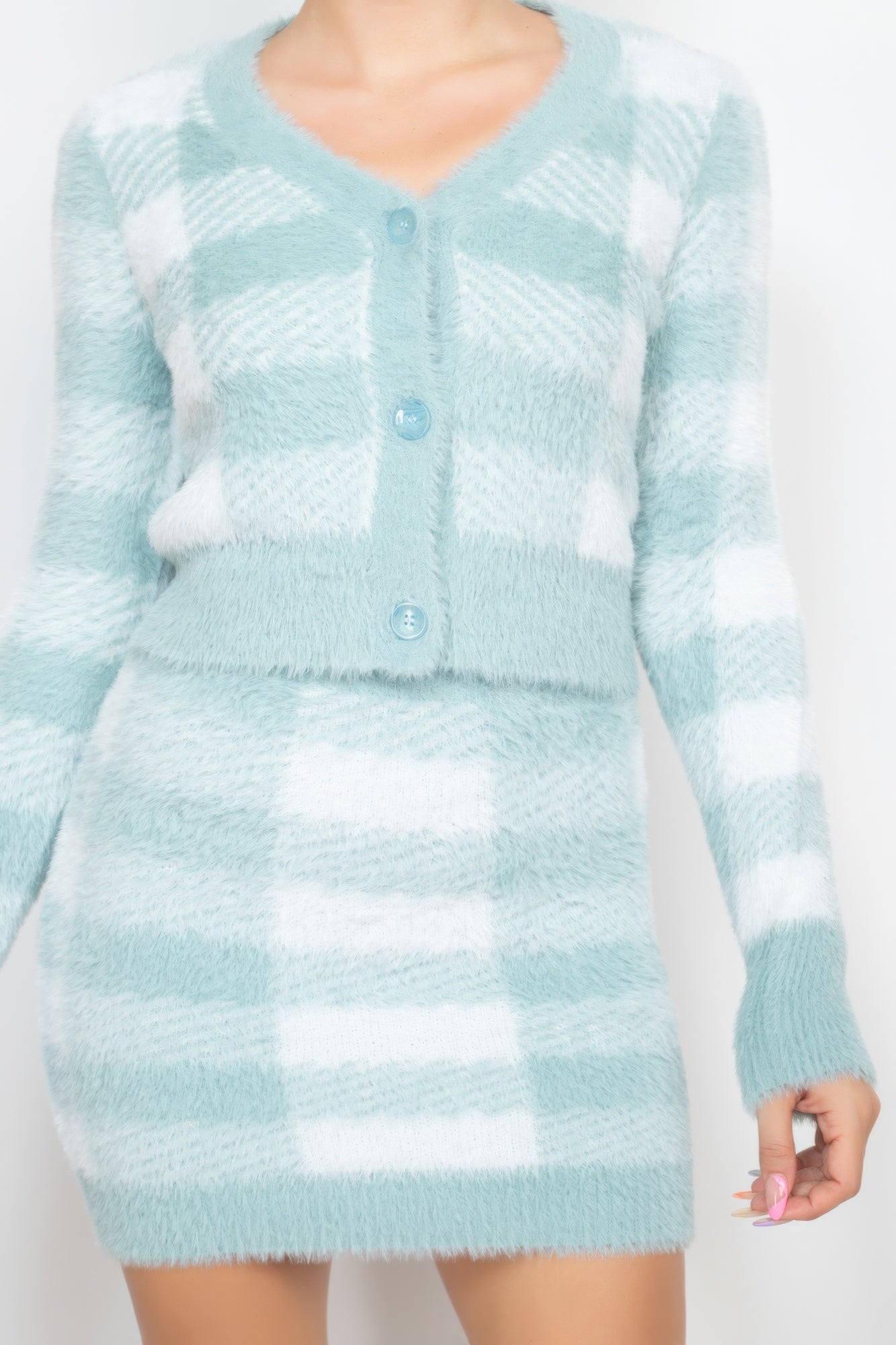 Mint Sage Plaid Button-front Cropped Sweater Cardigan SALE   