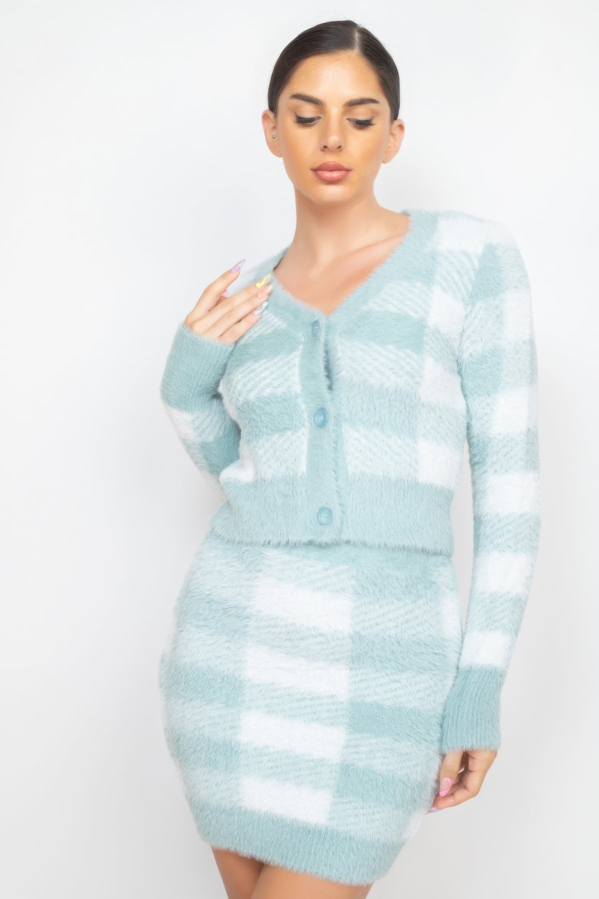 Mint Sage Plaid Button-front Cropped Sweater Cardigan SALE   