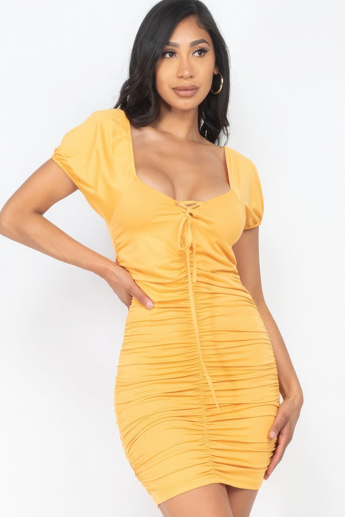 Yellow Front Lace Up Ruched Mini Dress SALE   