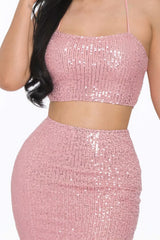 Baby Pink Sequin Maxi 2 Piece Crop Top & Mermaid Skirt SALE   