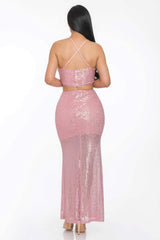 Baby Pink Sequin Maxi 2 Piece Crop Top & Mermaid Skirt SALE   