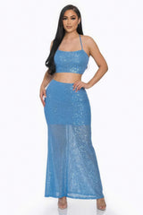 Baby Blue Sequin Maxi 2 Piece Crop Top & Mermaid Skirt SALE   