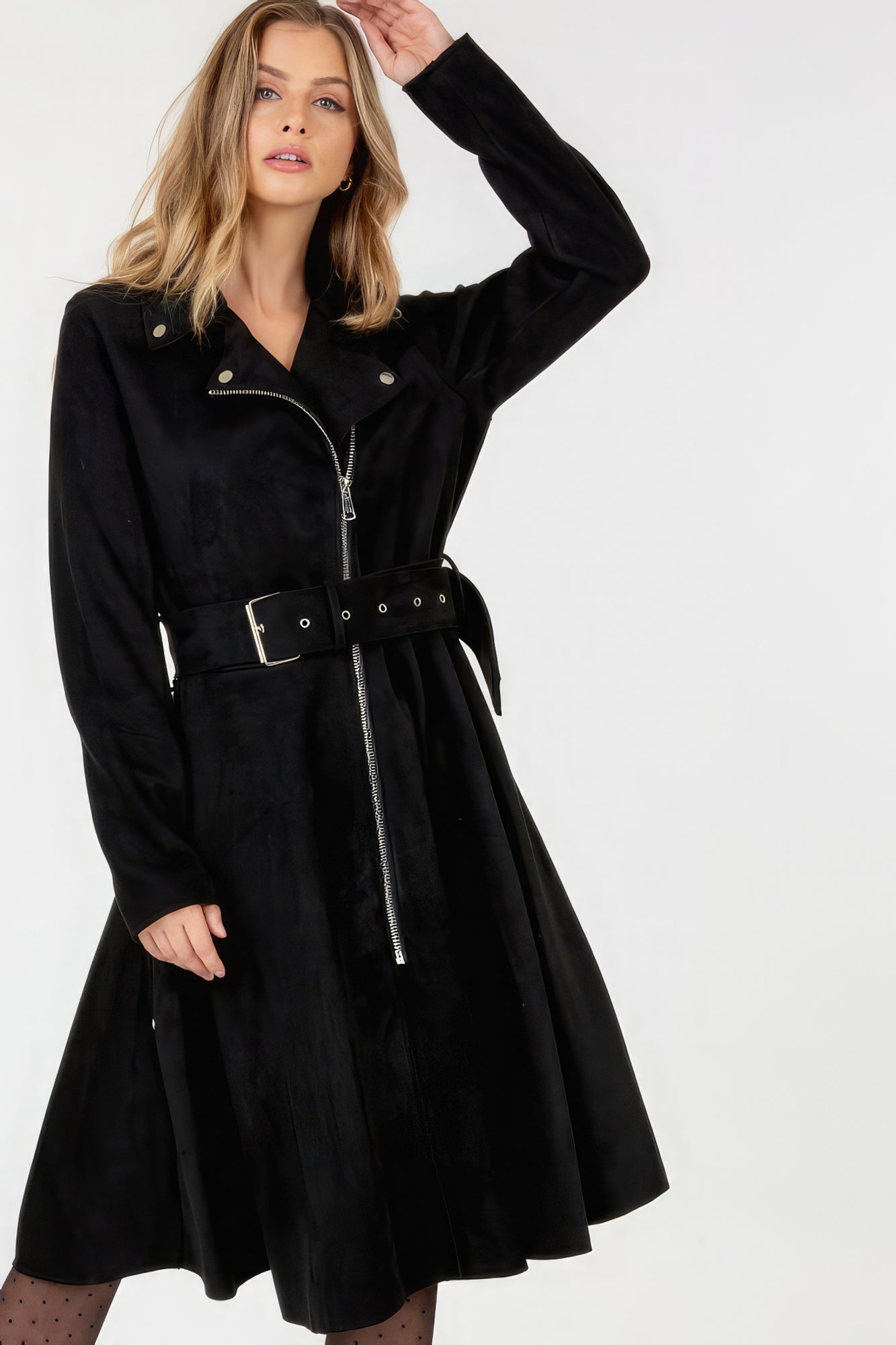 Black Waist Belt Tacked Faux Suede Coat Solid Coat SALE   