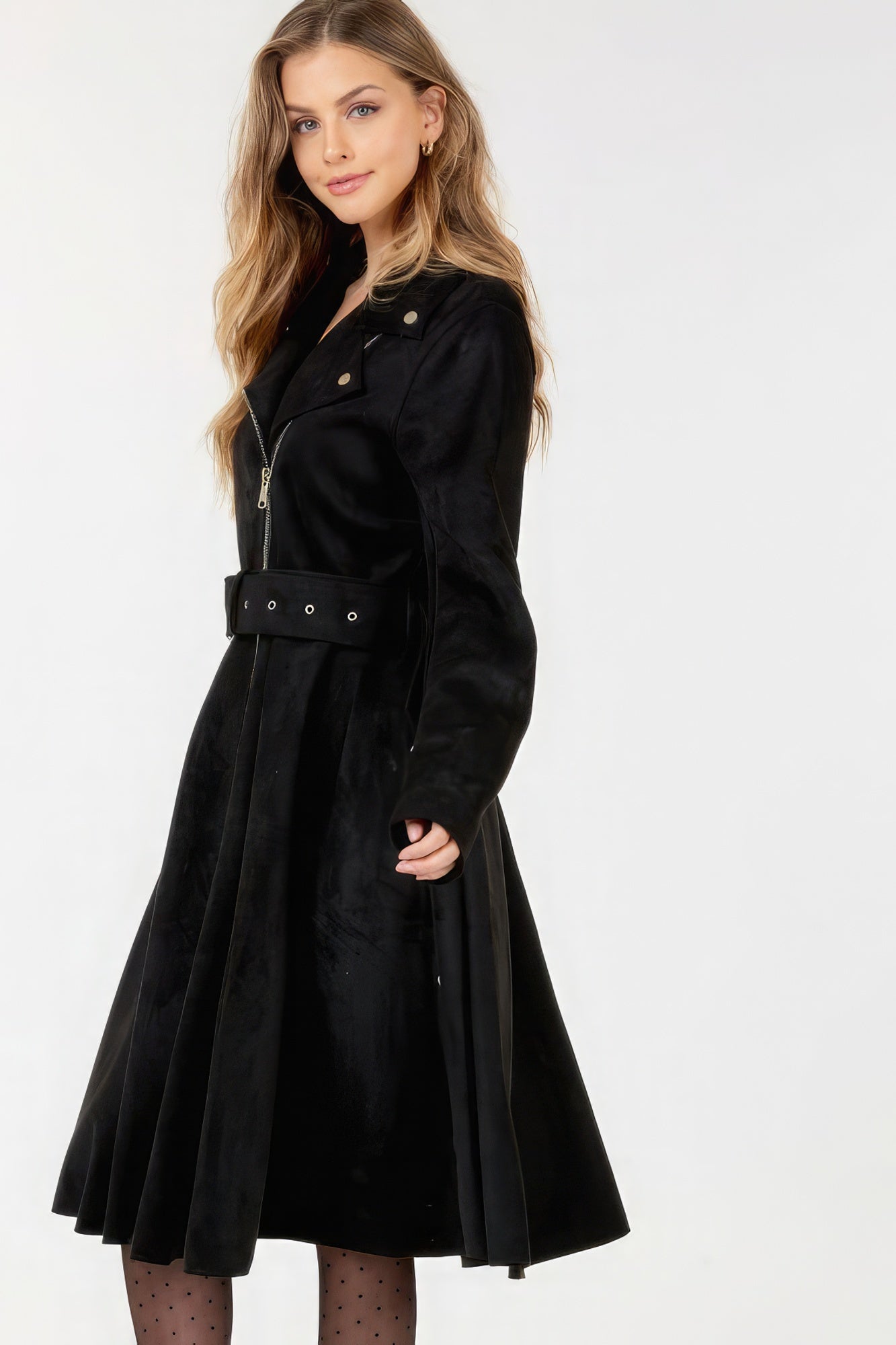 Black Waist Belt Tacked Faux Suede Coat Solid Coat SALE   