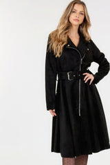 Black Waist Belt Tacked Faux Suede Coat Solid Coat SALE   