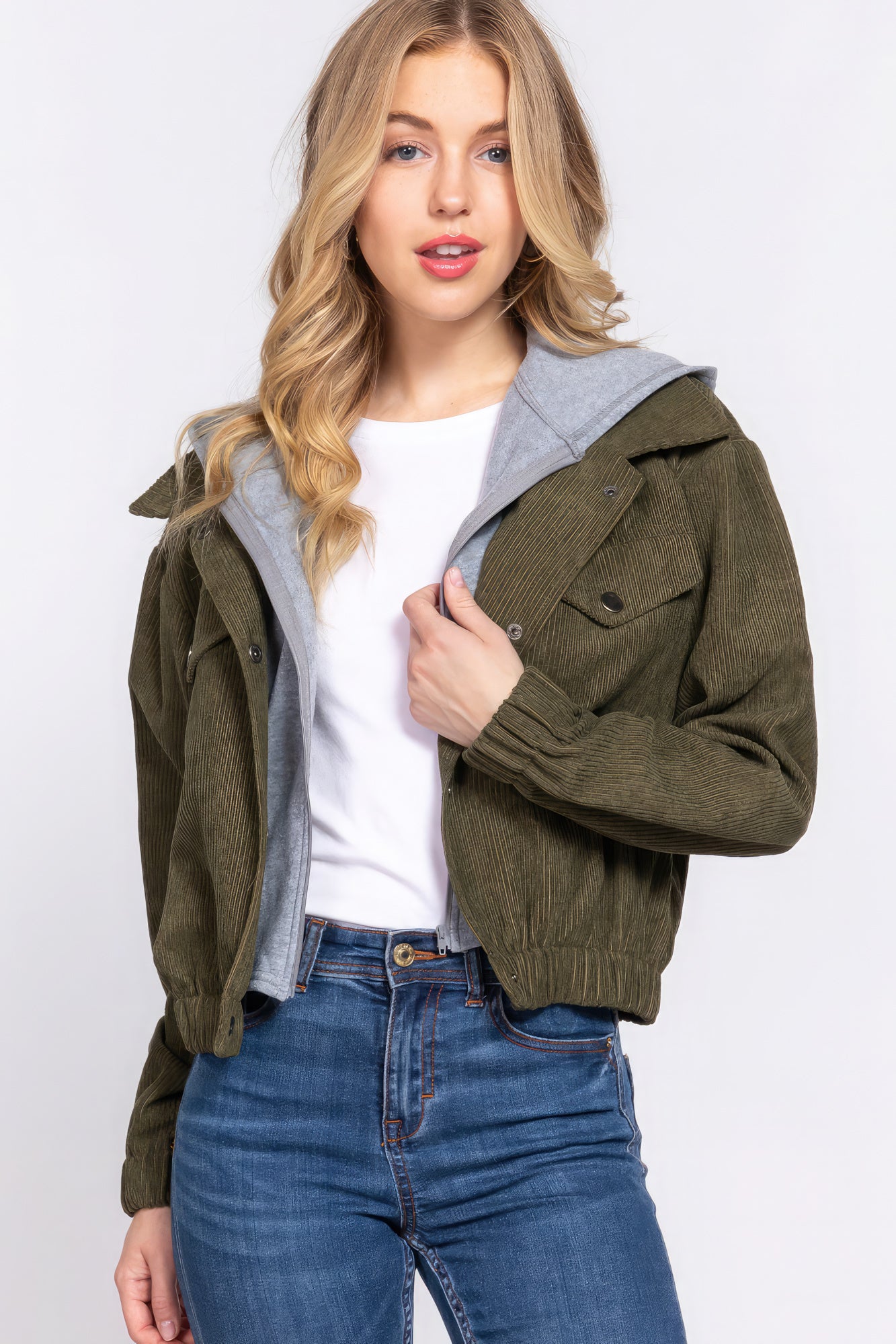 Long Sleeve Olive Green Hoodie Corduroy Jacket SALE   