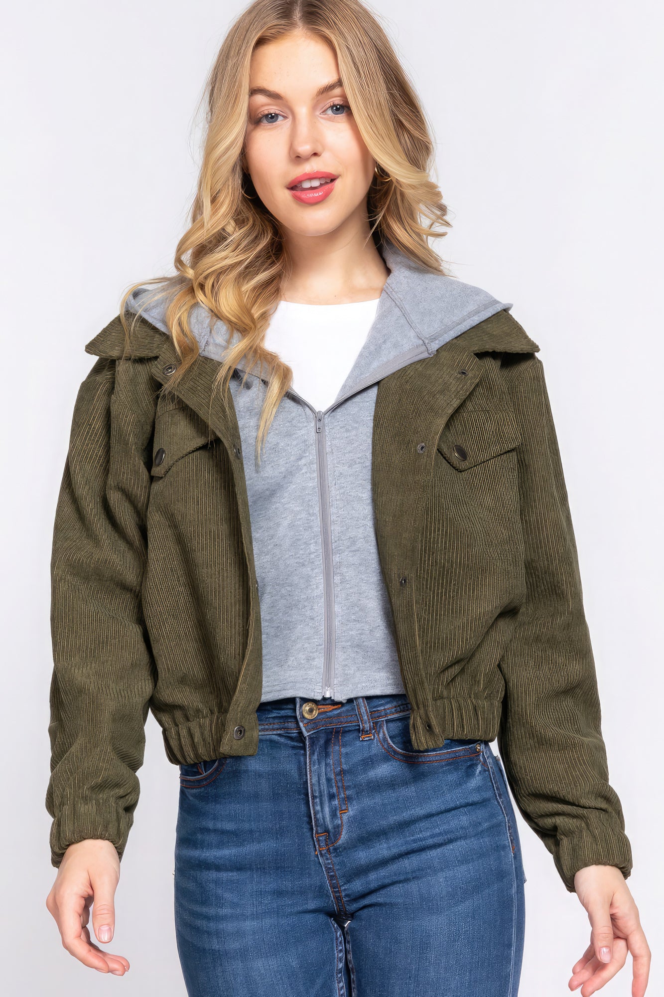 Long Sleeve Olive Green Hoodie Corduroy Jacket SALE   