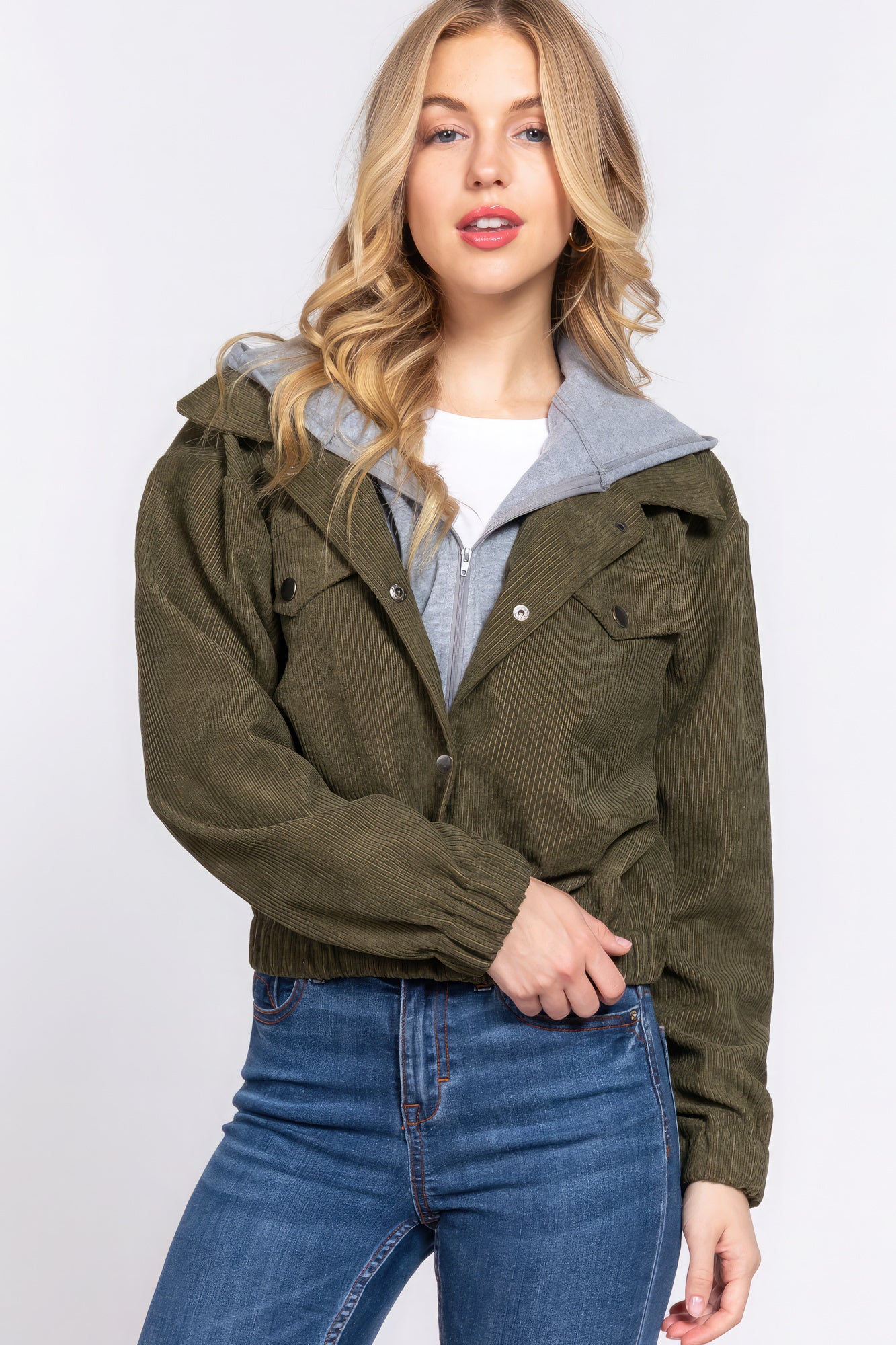 Long Sleeve Olive Green Hoodie Corduroy Jacket SALE   