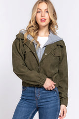 Long Sleeve Olive Green Hoodie Corduroy Jacket SALE   