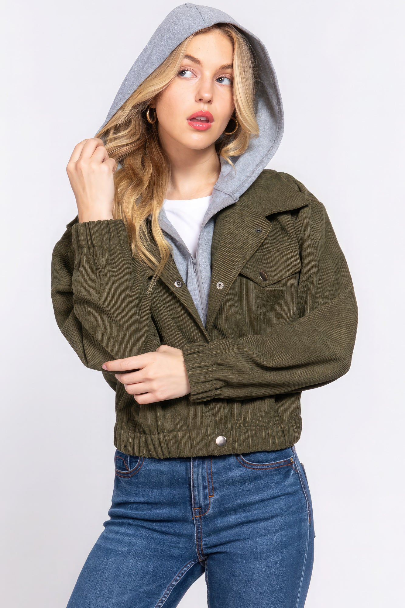 Long Sleeve Olive Green Hoodie Corduroy Jacket SALE   