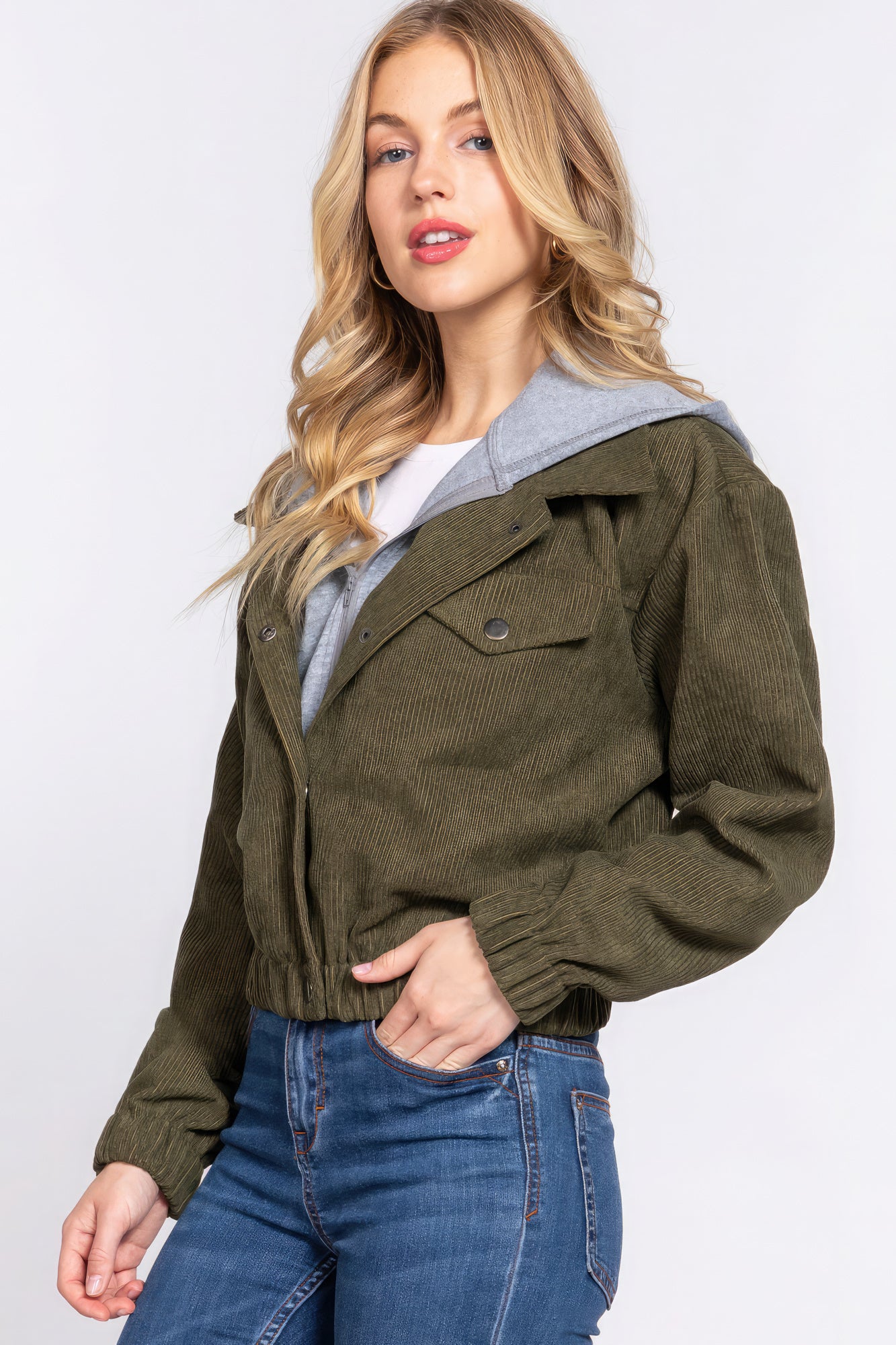 Long Sleeve Olive Green Hoodie Corduroy Jacket SALE   