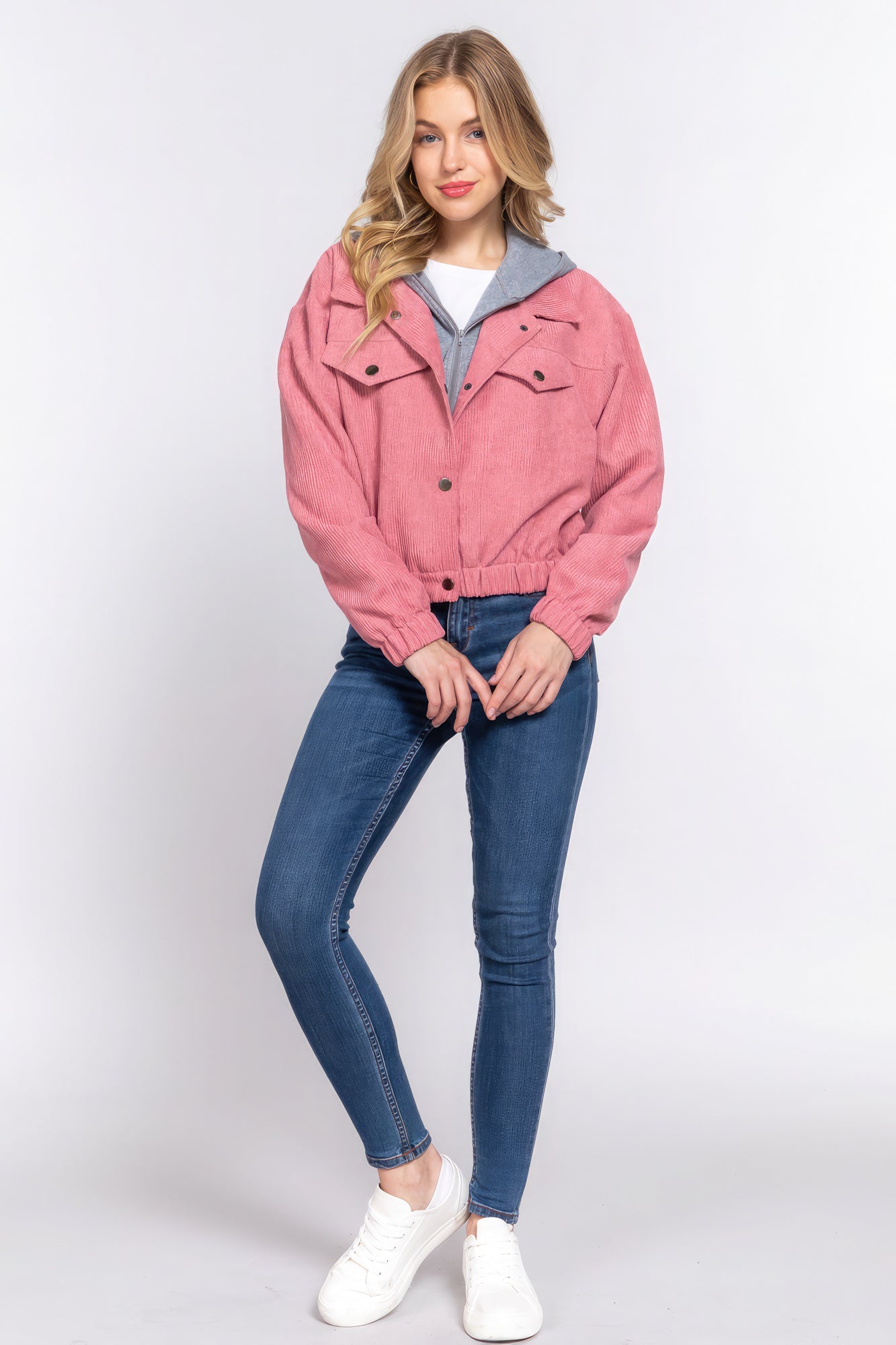 Long Sleeve Pink Hoodie Corduroy Jacket SALE   