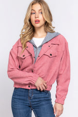 Long Sleeve Pink Hoodie Corduroy Jacket SALE   