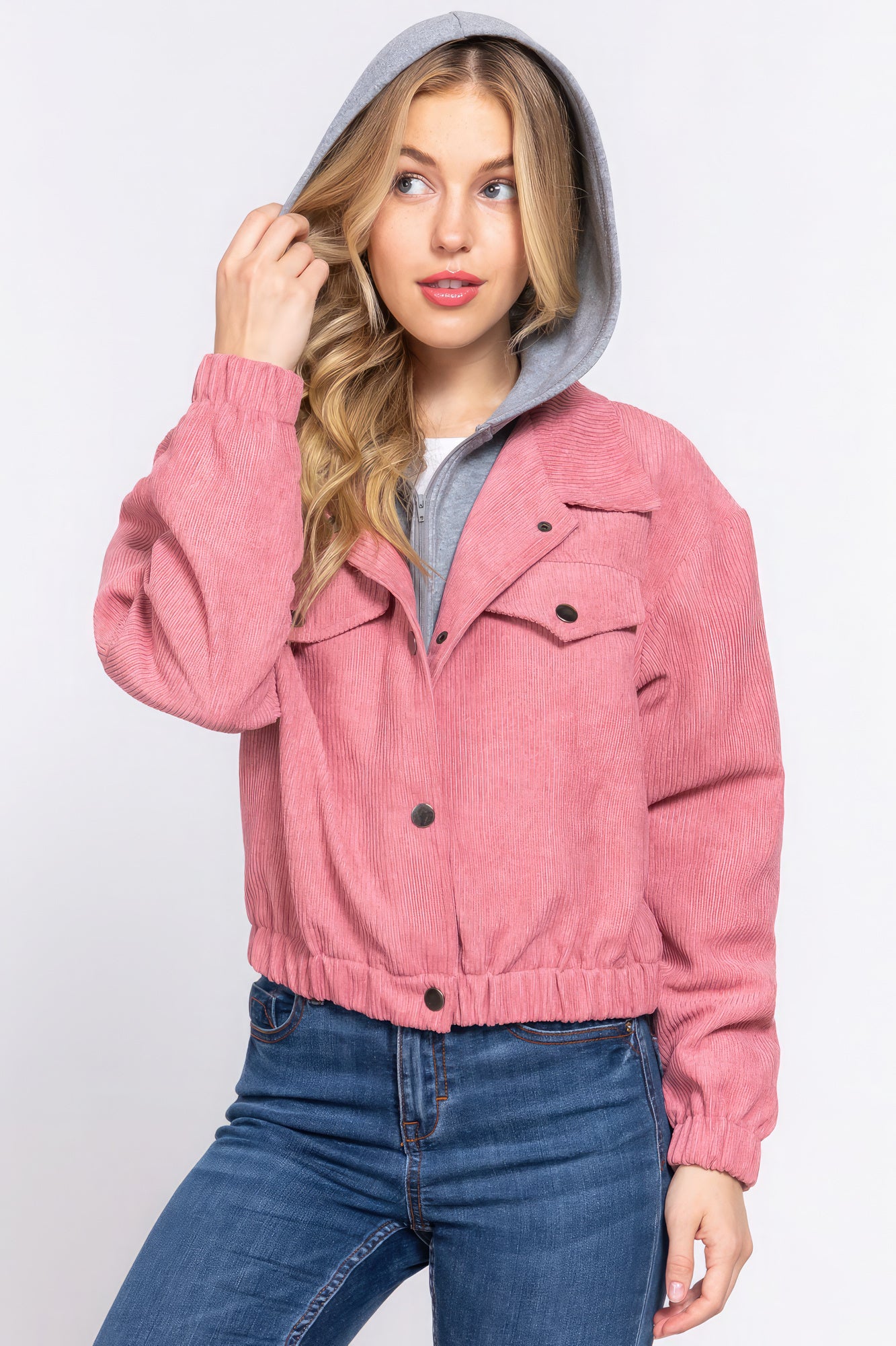 Long Sleeve Pink Hoodie Corduroy Jacket SALE   