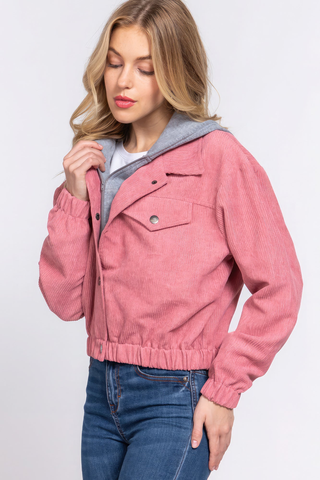 Long Sleeve Pink Hoodie Corduroy Jacket SALE   