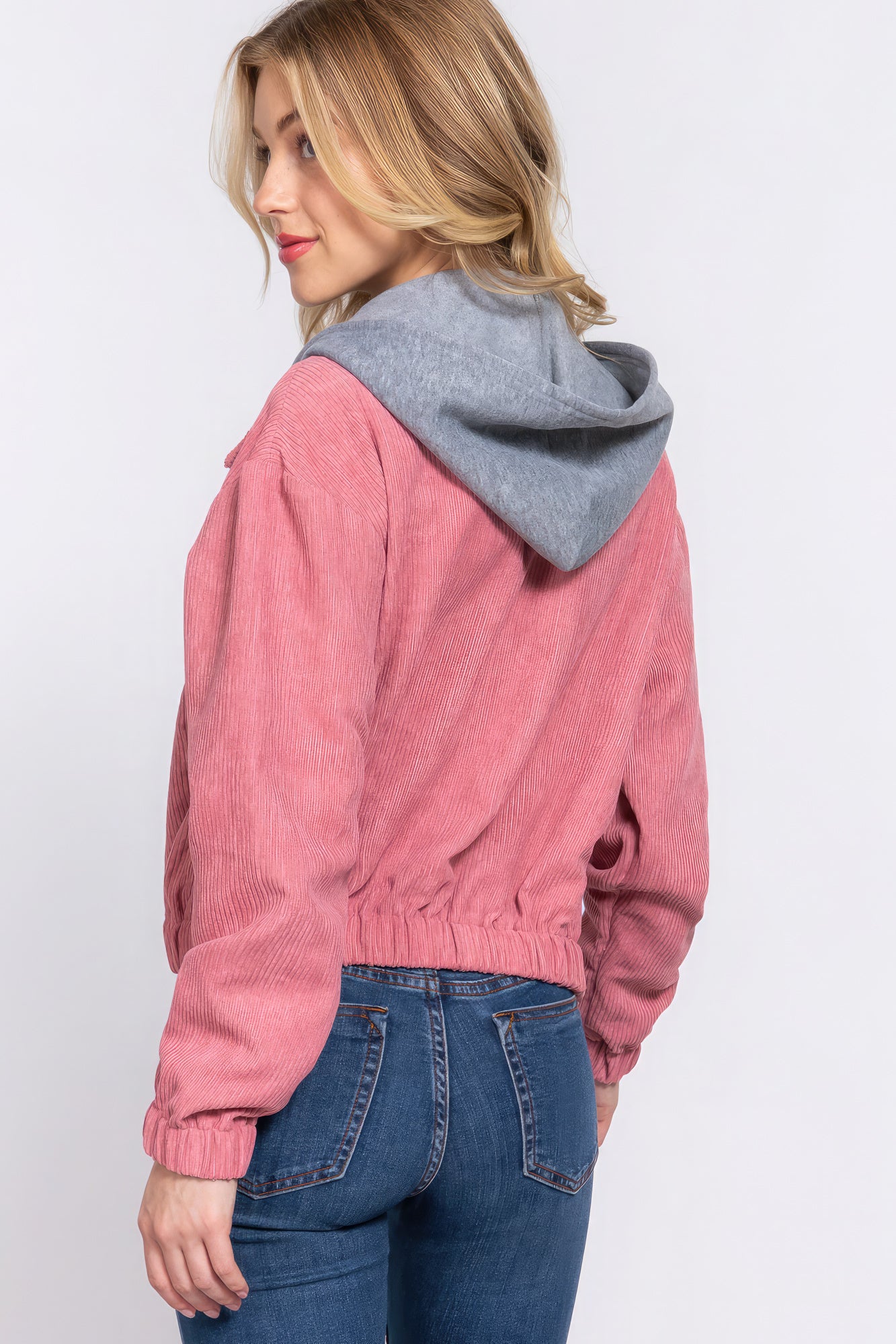 Long Sleeve Pink Hoodie Corduroy Jacket SALE   