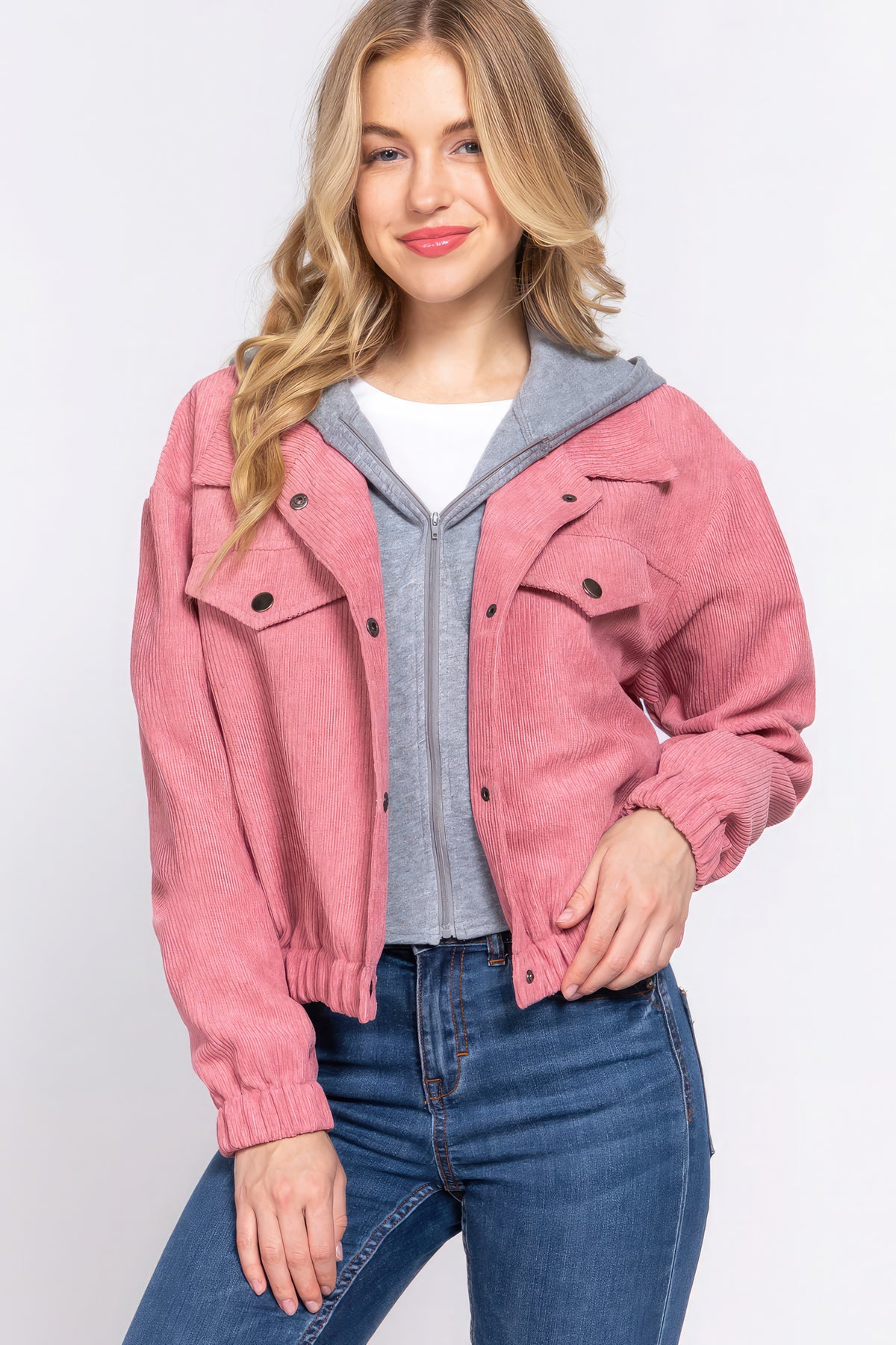 Long Sleeve Pink Hoodie Corduroy Jacket SALE   