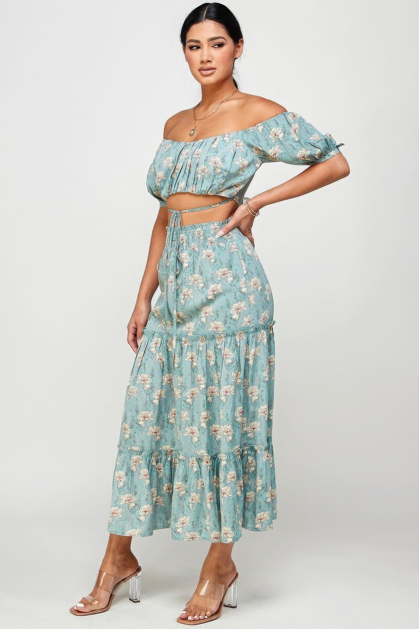 Floral Off-Shoulder Tie Crop Top & Skirt Two-Piece Set Simmer & Fay   